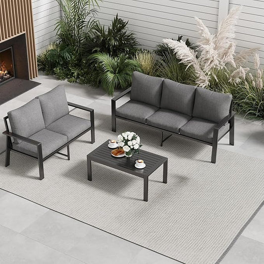 Aluminum Patio Conversation Set with Coffee Table 3PCS Deck Outdoor Furniture 5-Seat All-Weather Rust-Proof Sectional Sofa Set with Removable Cushion for Backyard, Poolside & Small Spaces