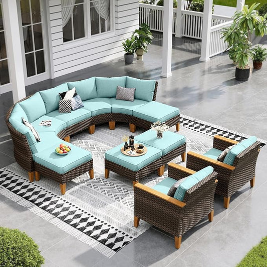 Sophia & William Outdoor Wicker Sectional Sofa Set, 10 Piece Half Moon Curved Patio Furniture Modern Round Outdoor Couch Conversation Set with Ottoman, Backyard, Deck, Garden Furniture(Aqua Blue)