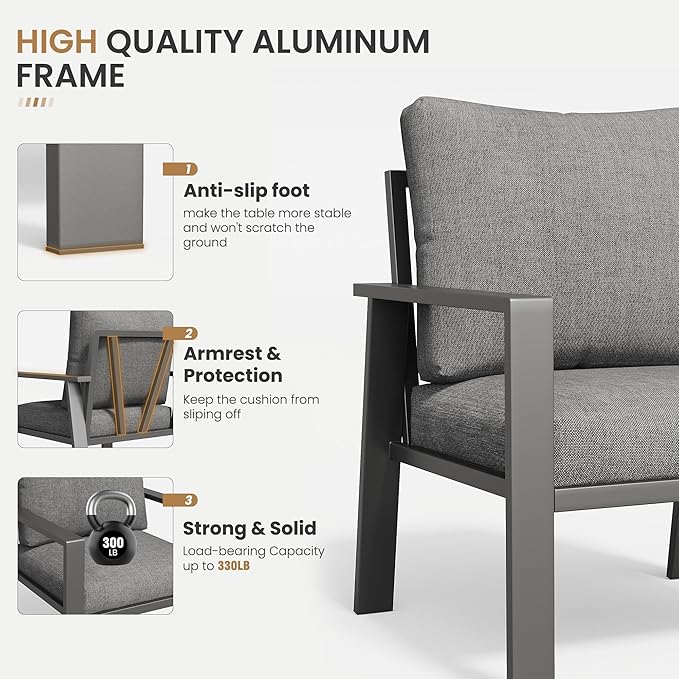 Aluminum Patio Furniture Set with Cushions 4-Piece Outdoor Sectional Metal Conversation Sofa Set with Coffee Table for Garden,Lawn,Backyard,Deck
