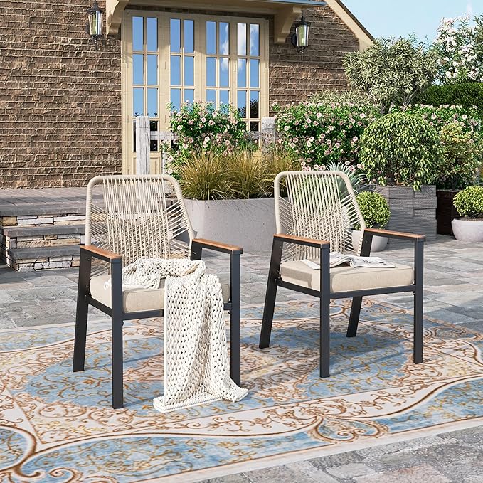 HERA'S HOUSE Outdoor Chairs Set of 2, 36.6" Rattan Dining Chairs with Heavy-Duty Wrought Iron Metal Frame, All-Weather Patio Chair for Garden Lawn Backyard Kitchen Deck