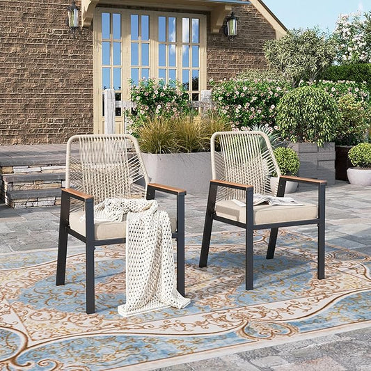 HERA'S HOUSE Outdoor Chairs Set of 2, 36.6" Rattan Dining Chairs with Heavy-Duty Wrought Iron Metal Frame, All-Weather Patio Chair for Garden Lawn Backyard Kitchen Deck