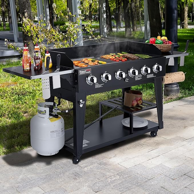 Royal Gourmet GD601B 6-Burner Gas Grill and Griddle Combo, Large Cooking Capacity Propane Grill & Griddle 2-in-1, 78,000 BTU Output for Back Yard, Garden, Family Party, BBQ, Black