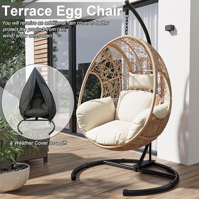 Hanging Egg Chair with Stand - Egg Swing Chair Outdoor Indoor Patio Wicker Chair Swing Hammock Egg Chairs 400lbs Capacity for Outside Patio, Bedroom, Garden and Balcony（Beige-Nest, 1PC）