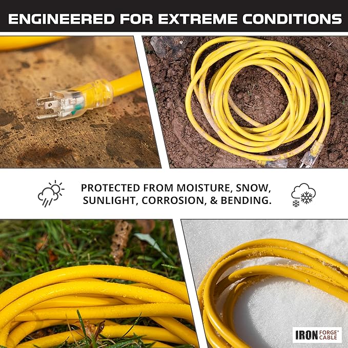 IRON FORGE CABLE 2 Pack of 50 Ft Outdoor Extension Cords - 12/3 SJTW Heavy Duty Yellow 3 Prong Extension Cable, 15 AMP - Great for Garden and Major Appliances