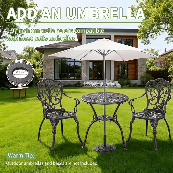Bistro Set 3 Piece Outdoor,Cast Aluminum Outdoor Bistro Set,All Weather Bistro Table and Chairs Set of 2 with 1.97" Umbrella Hole,Patio Bistro Sets for Backyard, Balcony,Front Porch(Brown)