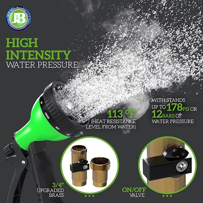 J&B XpandaHose 75ft Expandable Garden Hose with Holder - Heavy Duty Superior Strength 3750D - 4 -Layer Latex Core - Extra Strong Brass Connectors and 10 Spray Nozzle w/Storage Bag (Green 75)