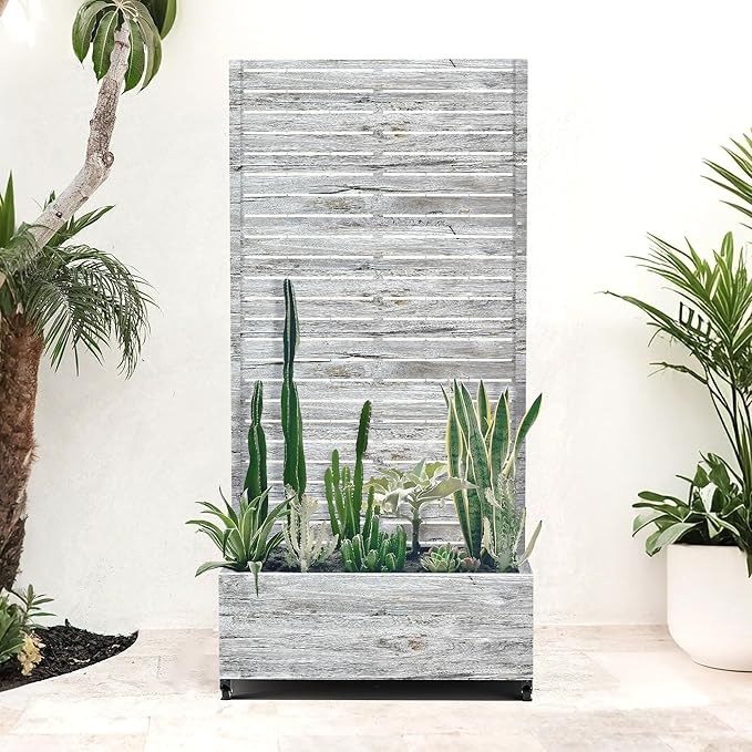 Metal Planter Boxs with Trellis & Wheels for Outdoor Plants, Vines, Large Raised Garden Beds with Drainage Holes for Patio (35" L, Gray Oak Grain)