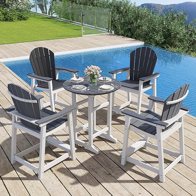 OTSUN 24 inch Tall Adirondack Chairs Set of 5, Patio Bar Stool Chairs with one Table, 400lbs, Widened Arms, All-Weather Balcony Chair for Backyard, Garden (White&Grey, 5 Sets)