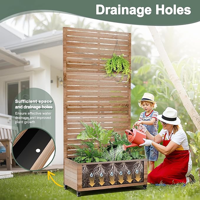 Metal Planter Box with Trellis Privacy Screen, Outdoor Raised Garden Beds with Wheels & Drainage Holes (35" L, Brown Oak Grain)