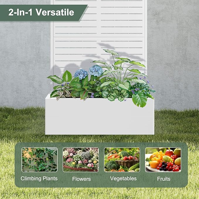 Metal Planter Box with Trellis for Climbing Plants Outdoor, Raised Garden Bed with Trellis, Privacy Planters for Patio (35" L×16" W×71" H, White Blinds)