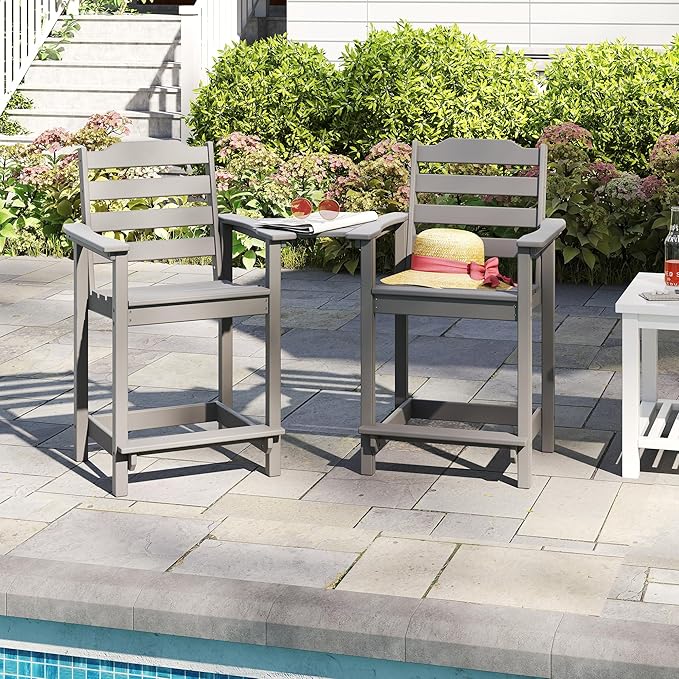OTSUN Tall Adirondack Chair Set of 2, HDPE Counter-Height Balcony Chairs for Garden, Backyard, Poolside, Capacity 220LBS (2 PCS, Grey)