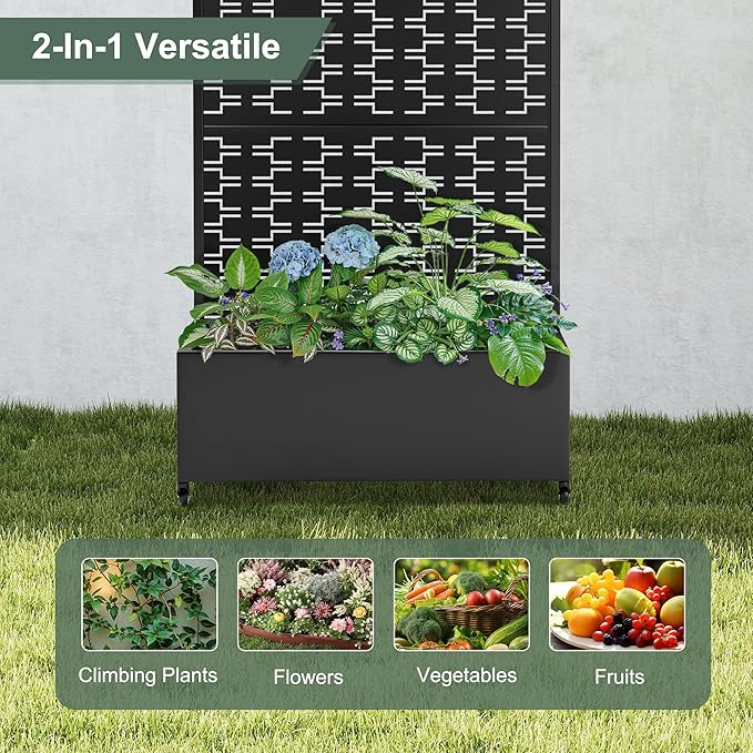 Planter Box with Trellis and Wheels, Metal Privacy Screen with Garden Beds Outdoor for Climbing Plants, Standing Planter Boxes with Drainage Holes (35" L×16" W×71" H, Black Rectangle)