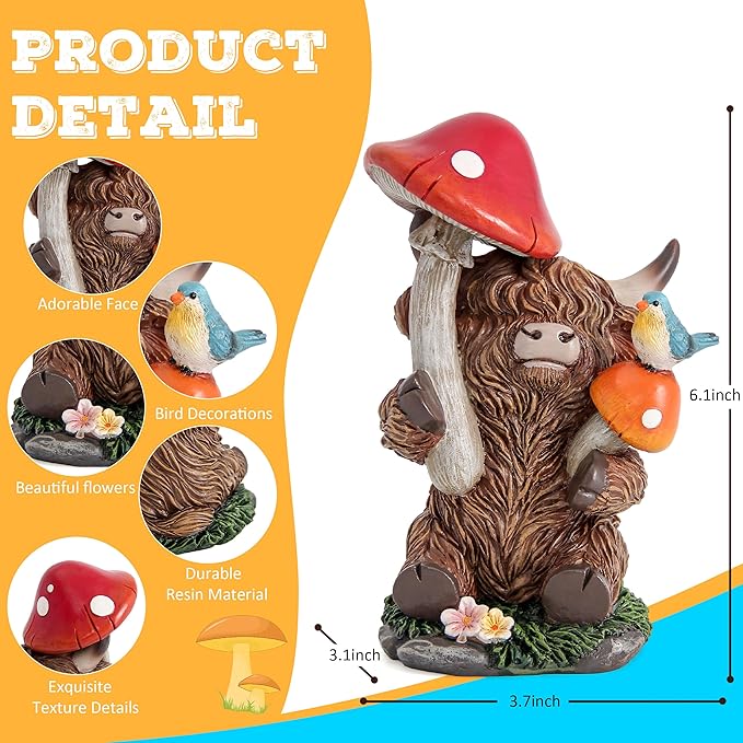 Highland Cow Figurines for Garden Decor,Garden Cows Decor for Outdoor Statues,Highland Cow Decorations for Outdoor Indoor Patio Yard Lawn Home Bathroom Shelf ,Animal Statues Cows Gifts for Women