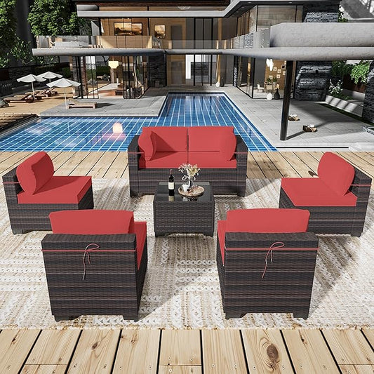 Outdoor Patio Furniture Set, 7 Pieces Outdoor Sectional Furniture Patio Sofa, All-Weather PE Rattan Patio Conversation Set with Tempered Glass Top Table & Cushions(Red).