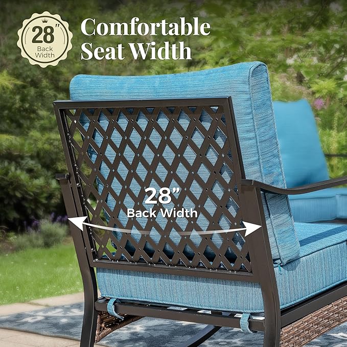 Outdoor Patio Rocking Sofa Chairs Set of 2 Steel Frame Porch Furniture with Deep Seating and 5.75" Cushions for Lawn Backyard Deck, Peacock Blue