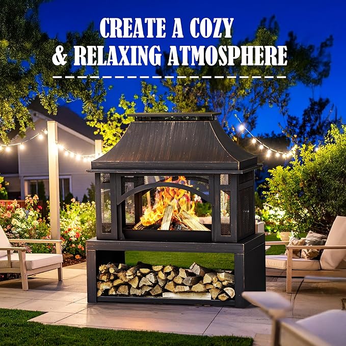 39" Fire Pits with Wood Storage for Outside, Large Wood Burning Outdoor Fireplace with Chimney, Mesh Spark Screen & Fire Poker, Idea for Backyard, Patio, Party, Camping, Picnic