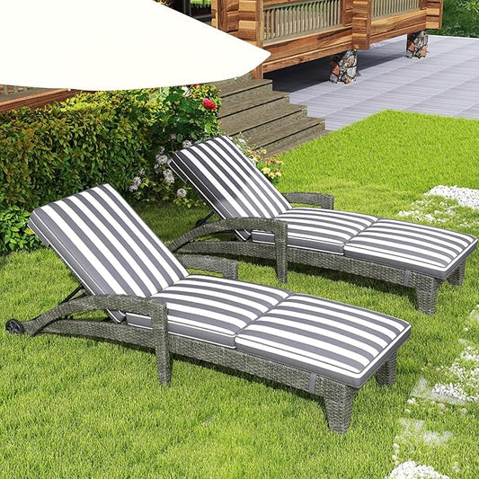 Patio Chaise Lounger Set of 2, Outdoor Lounger Patio Chairs, Heavy Duty Lounge Chairs Outdoor, Chaise Lounges for Resort, Backyard, Deck, Poolside, Garden, Grey Stripe
