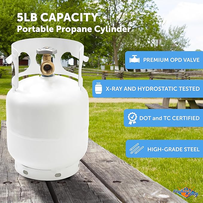 FLAME KING YSN5LB 5 Pound Propane Tank Cylinder, Great For Portable Grills, Fire Pits, Heaters And Overlanding, White