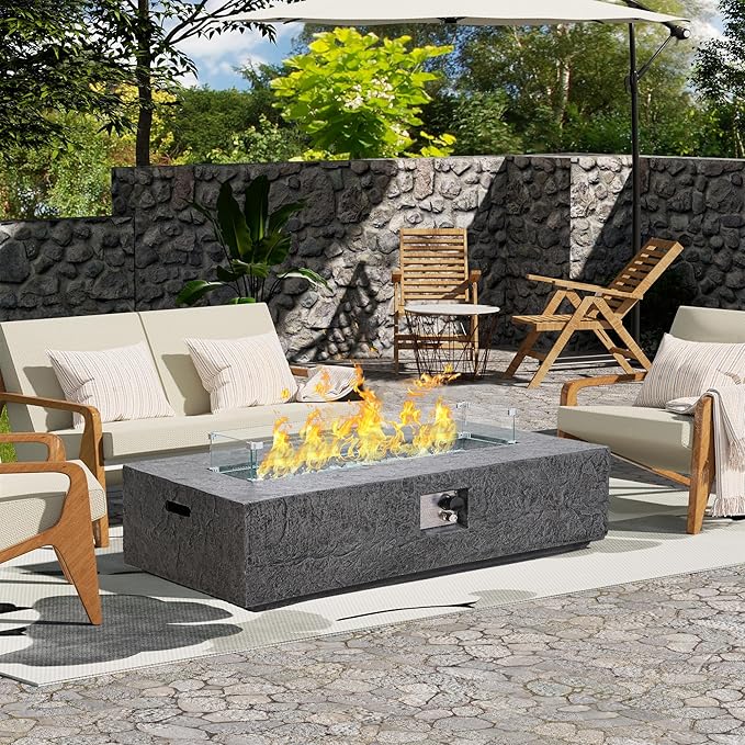 48" Outdoor Propane Fire Pit Table, Rectangle Fire Table w Glass Wind Guard(50,000 BTU), 2 Piece Slate Gas Fire Table in Dark Grey w Fire Glass, Rain Cover for Outside, Backyard