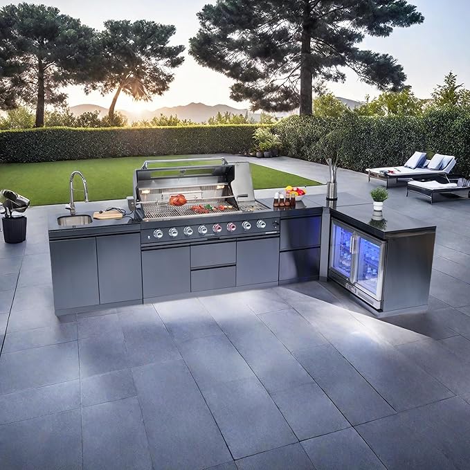 157-Inch 6-Burner 96000 BTU Propane Gas Outdoor Kitchen Island - Stainless Steel Grill with Wine Cooler, Rotisserie, Granite Countertops, Storage Cabinets & Drawers, Black