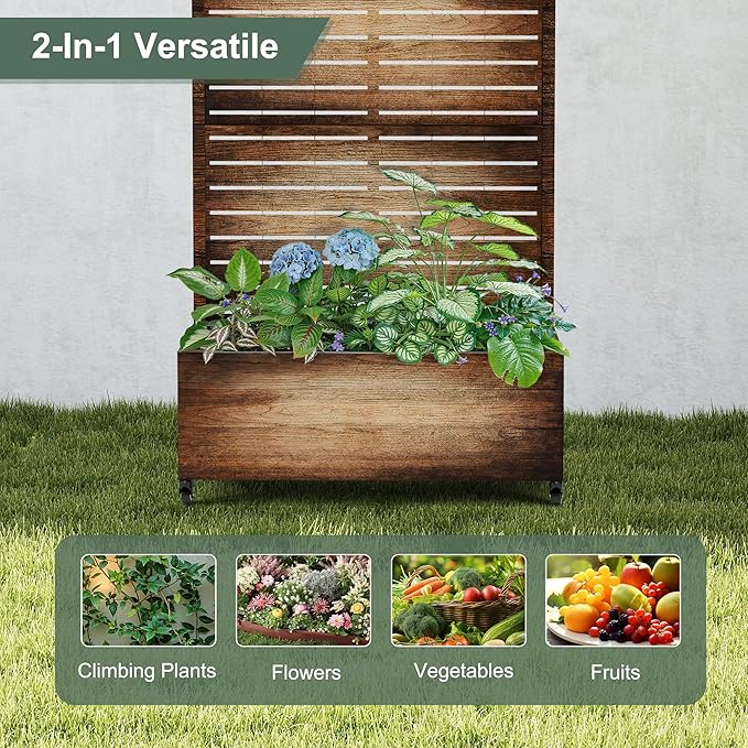 Metal Planter Box with Privacy Screen, Trellis with Planter Box for Climbing Plants, Standing Flower Bed with Wheels & Drainage Holes (35" L, Retro Brown Wood Grain)