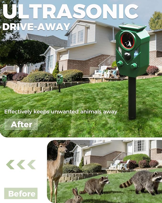 Solar Animal Repellent Outdoor, Ultrasonic Cat Repellent Outdoor, IP65 Waterproof Deer Repellent Deterrent Squirrel Racoon Skunk Rabbit, Dog Repellent for Yard Garden Lawn with RIP Sensor