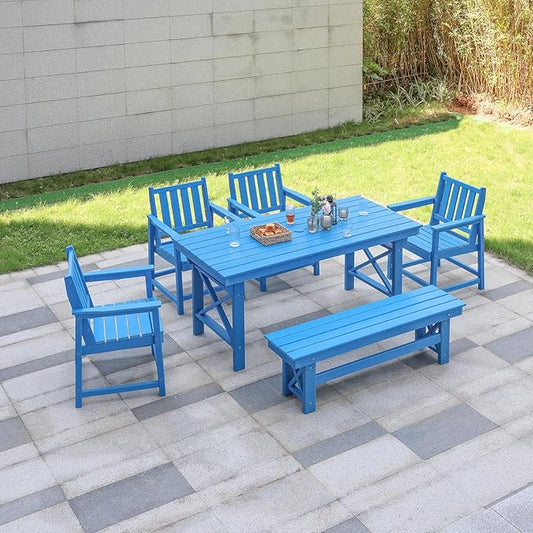 HDPE Outdoor Dining Set of 6, Patio Dining Table Set with 4 Chairs and 1 Bench, 6 Pieces HDPE Dining Set with Umbrella Hole, Outdoor Furniture Sets for Deck, Poolside, Garden, Sky Blue