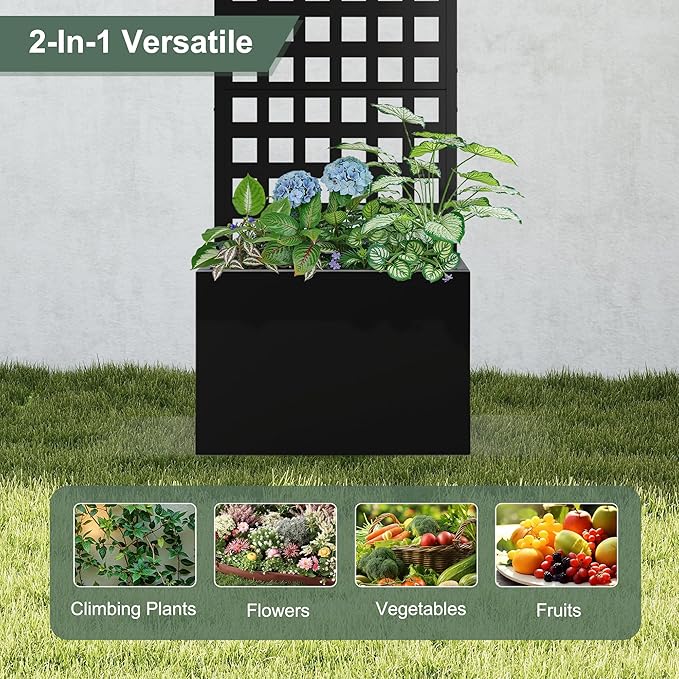 Metal Planter Box with Trellis, Privacy Planter for Patio, 24" L×12" W×63" H Raised Garden Bed withTrellis, Drainage Holes (Black Grid)