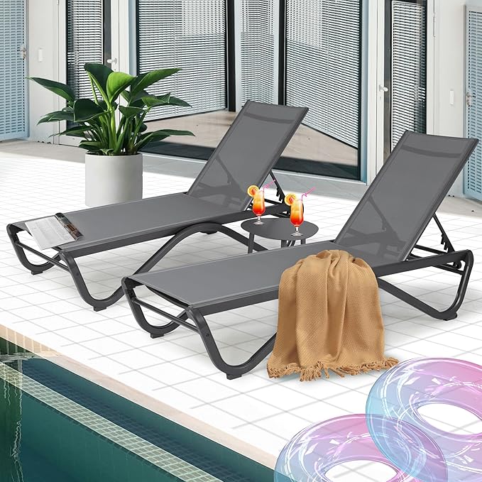 Kozyard Chaise Lounge Outdoor Set Full Flat Alumium Reclining Adjustable Chair Flat Patio Chaise Lounge Chair for Sunbathing, Patio, Poolside(2Gray Textilence W/Table)
