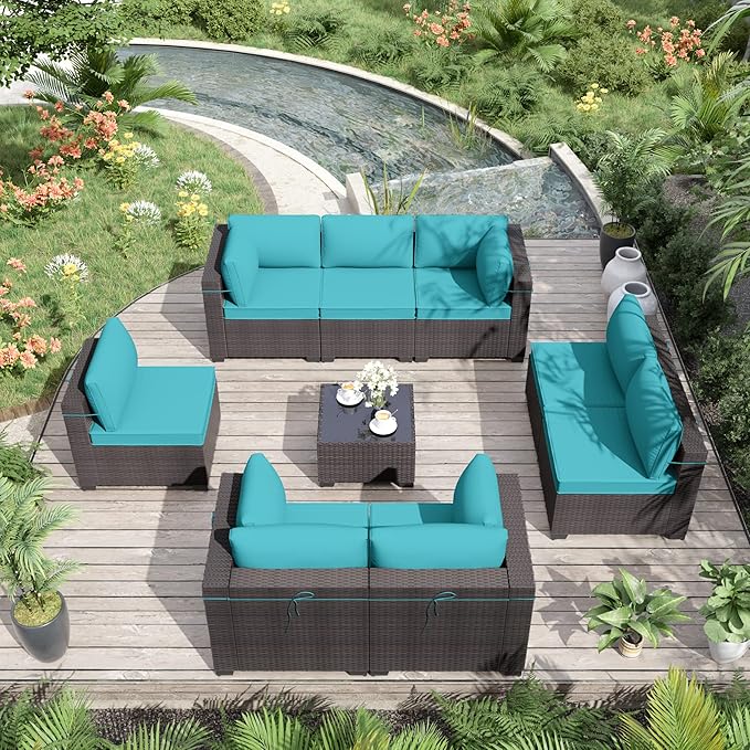 ALAULM Patio Furniture Set with Coffee Table, 9 Pieces Outdoor Sectional with Wide Seat and Thick Cushion, All Weather Wicker Rattan Conversation Set for Backyard, Garden, Deck, Turquoise