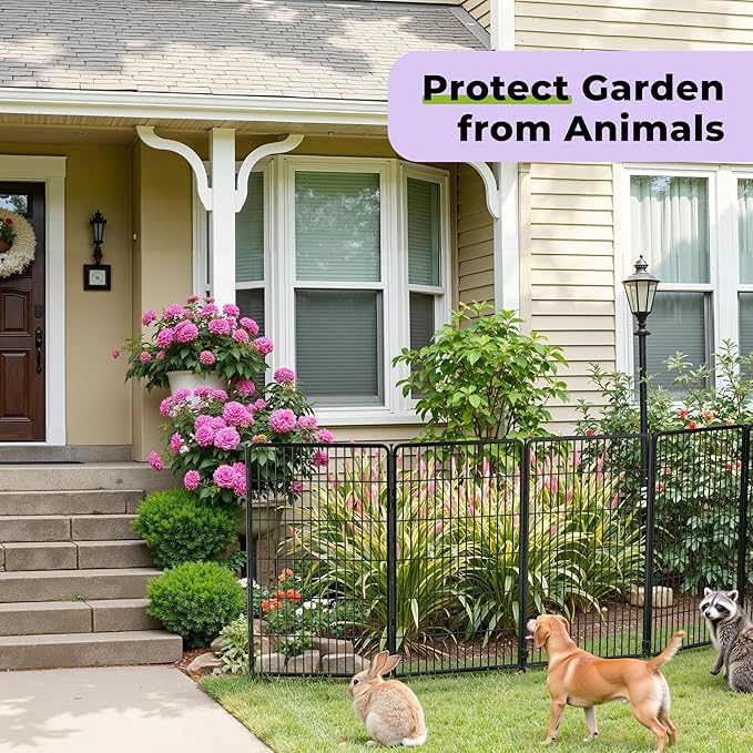 SunsGrove Garden Fence with Gate, 32 in(H) x 13.4 ft(L) 6 Panels Heavy Duty Metal Animal Barrier Fence for Yard, Suitable for Indoor or Outdoor Dog Pet Fence, Garden Fence Border, Black
