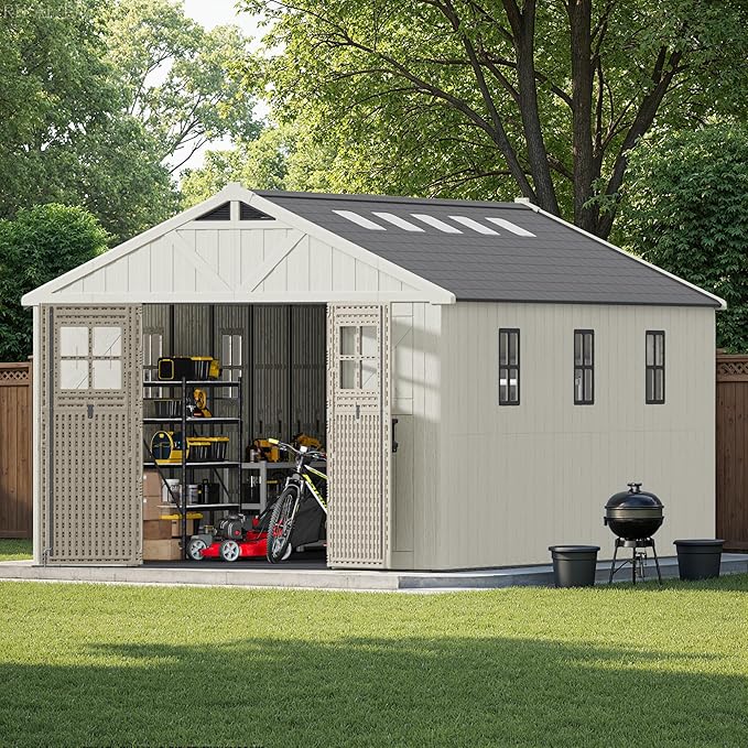 Patiowell 10 x 16 FT Outdoor Storage Shed, Plastic Shed with Floor and Skylight, Resin Storage Shed with Four-Window and Lockable Door for Garden, Patio, Backyard, Beige