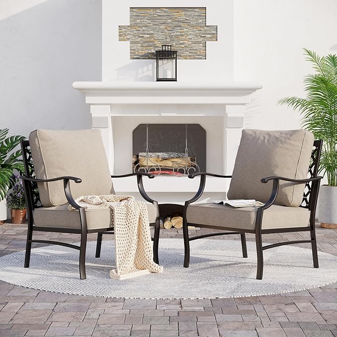 Metal Patio Chairs Set of 2 with 5.75" Extra Thick Cushion, 2 Pieces High Back Outdoor Patio Chairs All Weather Outdoor Furniture Seating for Deck Backyard Balcony Front Porch, Beige