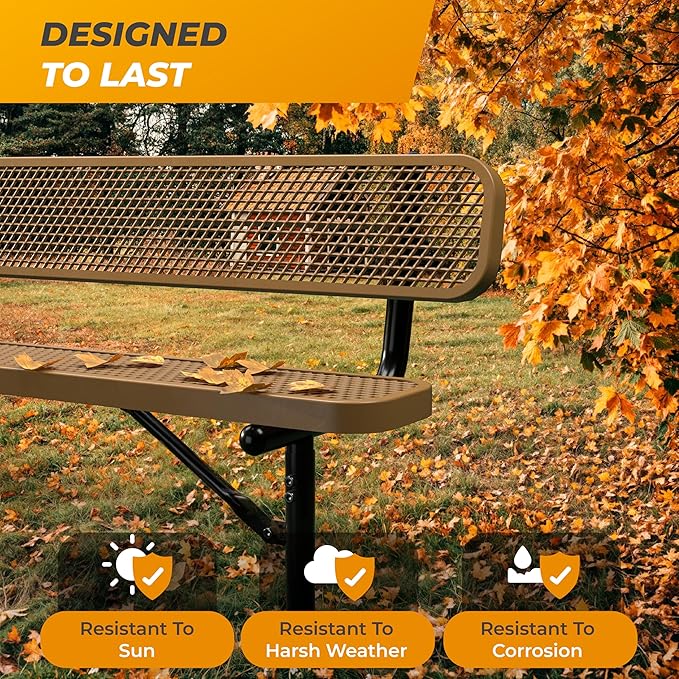 Heavy-Duty Outdoor Metal Bench, Thermoplastic-Coated, Surface, Weatherproof, Commercial-Grade for Parks, Gardens, Patios, Stores & More (6 Ft - Surface with Back, Brown)