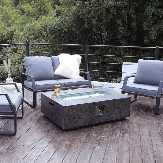 48" Outdoor Propane Fire Pit Table, Rectangle Fire Table w Glass Wind Guard(50,000 BTU), 2 Piece Slate Gas Fire Table in Dark Grey w Fire Glass, Rain Cover for Outside, Backyard