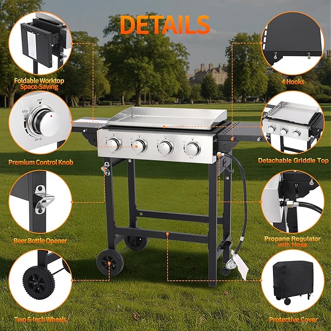 Portable 4-Burner Flat Top Grill with Folding Tabletop Design & Integrated Cart - 38,200 BTU Propane Griddle for Outdoor Cooking, Camping, Tailgating