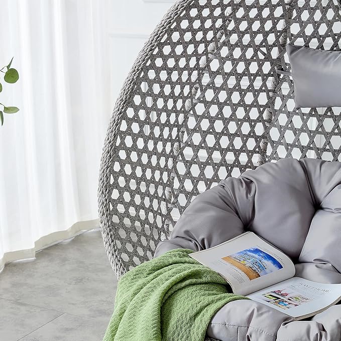 Hanging Egg Chair with Stand, Egg Swing Chair with Stand Indoor Outdoor,Grey Wicker Swing Egg Chair for Adults, Hammock Chair with Comfortable Cushion and Stable Round Metal Base for Bedroom Patio