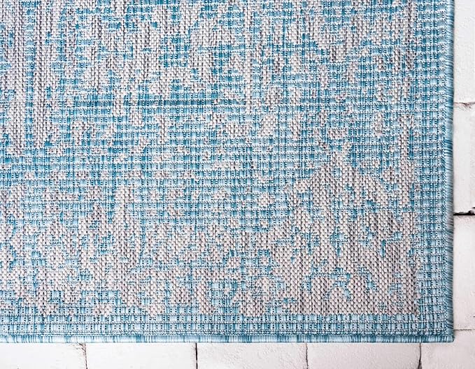 Unique Loom Outdoor Traditional Collection Area Rug - Timeworn (4' 1" x 6' 1" Rectangle, Light Aqua/ Gray)