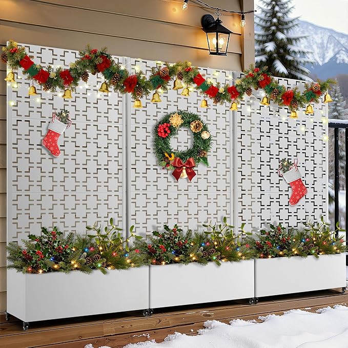 FENCY Metal Raised Garden Bed with Wheels and Trellis,73"x35"x16" Planter Box for Climbing Plants, Vegetables & Vines, Features Privacy Screen and Drainage Holes (White-Square)