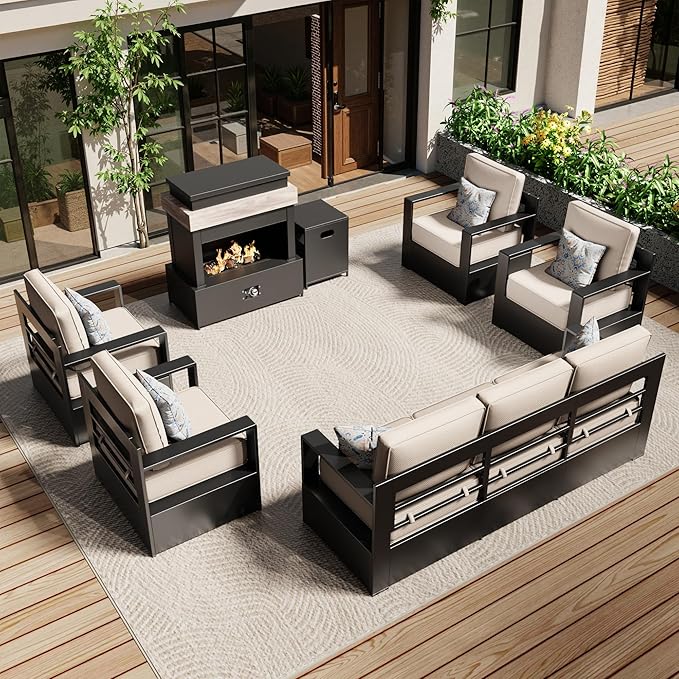 Aluminum Outdoor Conversation Furniture Set with Furniture Covers & 6" Cushions- Patio 79" Sofa with 4 Chairs & 63" Steel Propane Fireplace, 50,000 BTU Fire Pit with CSA Certified (Beige)