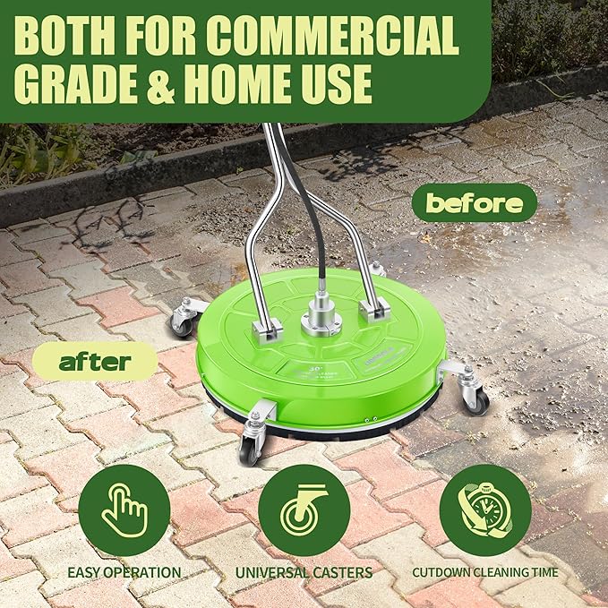 30" Pressure Washer Surface Cleaner with 4 Wheels - Coated Green Dual Handle Stainless Steel Surface Cleaner for Pressure Washer Attachment for Concrete, Patio, Sidewalk, Deck and Driveways - PWS30G