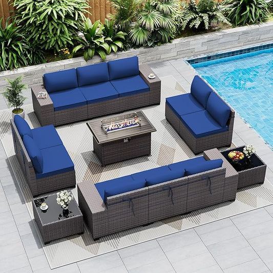 Outdoor Patio Furniture Set with Gas Fire Pit Table, 13 Pieces Patio Sectional Sofa w/43in Propane Fire Pit, PE Wicker Rattan Patio Conversation Set - Blue.