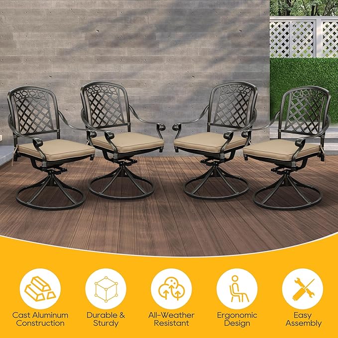 Cast Aluminum Outdoor Swivel Dining Chairs, All-Weather Patio Swivel Rocker Chair Sets with Cushion for Garden, Backyard, Poolside, Bistro (Khaki, 4 Pieces)