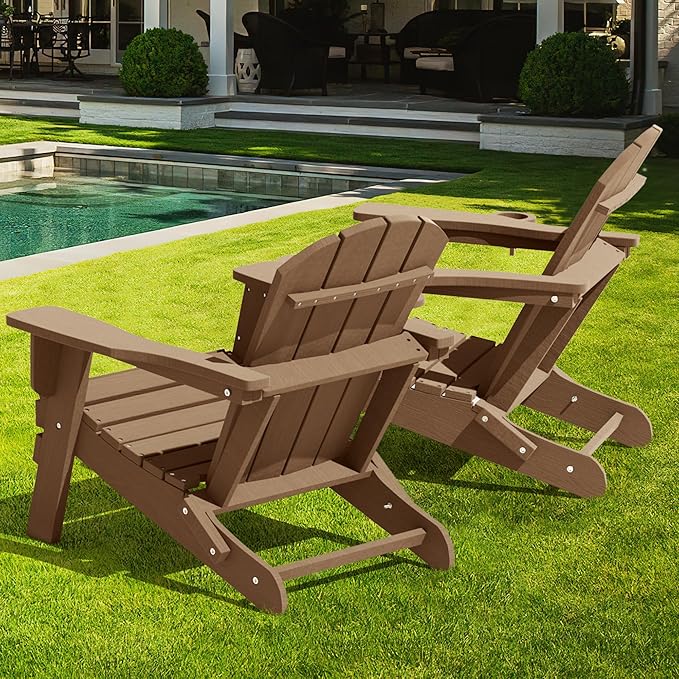 LOUNZY Folding Adirondack Chairs Set of 2, HDPE All-Weather Folding Adirondack Chair with Cup Holders, Outdoor Patio Adirondack Chair for Deck Lawn Fire Pit, Brown