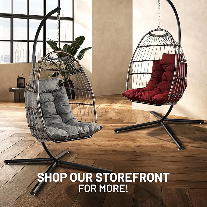 SereneLife Foldable Egg Swing Chair with Stand Outdoor Indoor Rattan Wicker Hanging Egg Chair with Waterproof Cushion and Headrest Cozy Patio Porch Bedroom Garden Relaxing Swing for Adults Heavy Duty