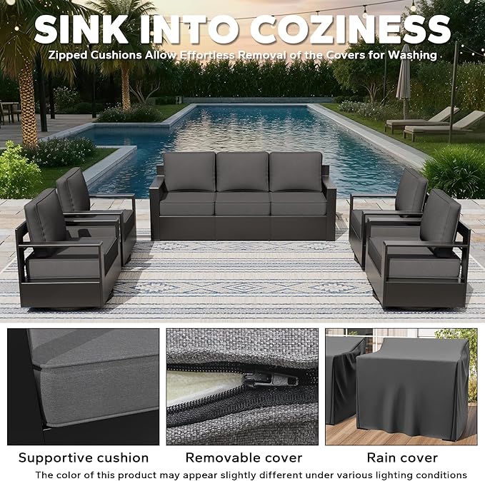 Aluminum Outdoor Conversation Furniture Set - All Weather Patio 79" Sofa with 4 Swivel Rocker Chairs, 6" Water-Resistant Cushions & Furniture Covers & Metal Armrest for Backyard (Grey)