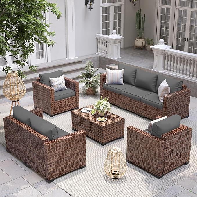 UDPATIO Outdoor Patio Furniture Set 5 Piece Wide Armrest Rattan Patio Sofa Sets w/Storage Table and Waterproof Covers for Poolside Deck Backyard, Grey