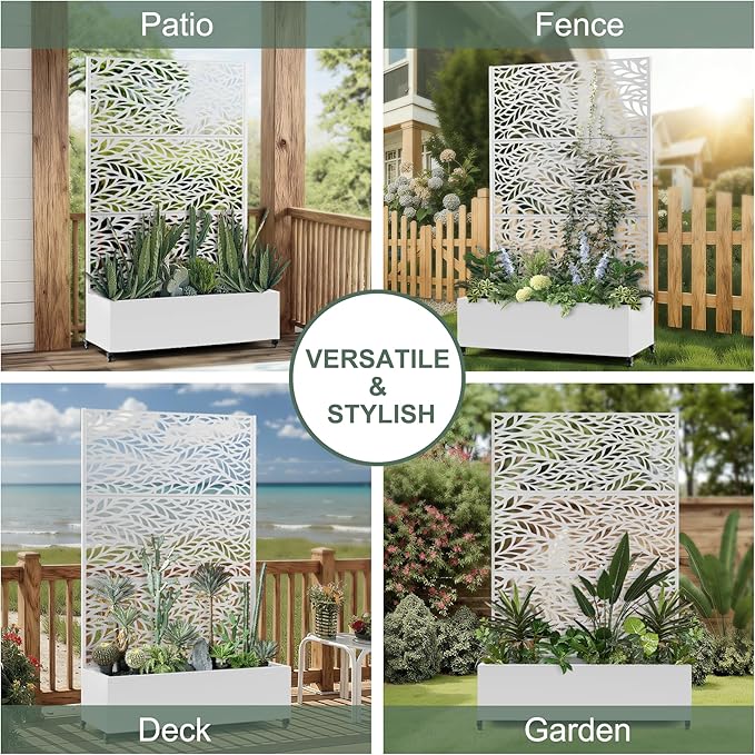 Metal Planter Box with Trellis & Wheels for Outdoor Plants, Large Raised Garden Beds with Drainage Holes, Privacy Planters Box with Trellis for Plants Vegetables, (47" L, White Spring)