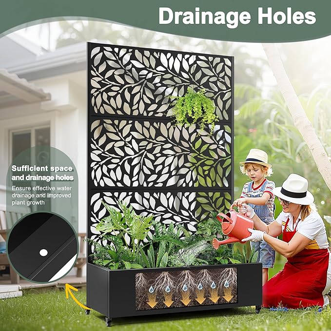 Metal Raised Garden Bed with Trellis Privacy Screen, Large Planters Box with Wheels & Drainage Holes for Climbing Plants (47" L×16" W×71" H, Black Leaf)