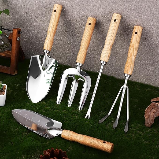 Kisangel Stainless Steel Gardening Tool Set with Ergonomic Ash Handles Multi-Functional Trowel Kit for Digging Planting and Pruning Rust-Resistant Garden Supplies Gift for Women and Adults